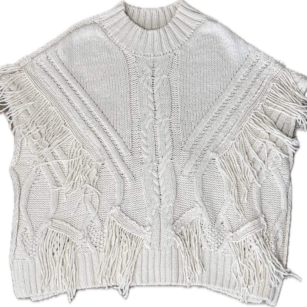 OSFM Boho Knit Poncho Sweater Sleeveless Fringe Cardigan Beige one size Pullover